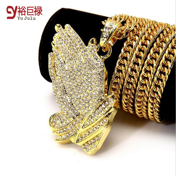 2019 New Silver Praying Hands Hiphop Bling Necklace Mens 18k Gold Religous Jewlry Iced Out Prayer Jesus Women Men Gift Plating