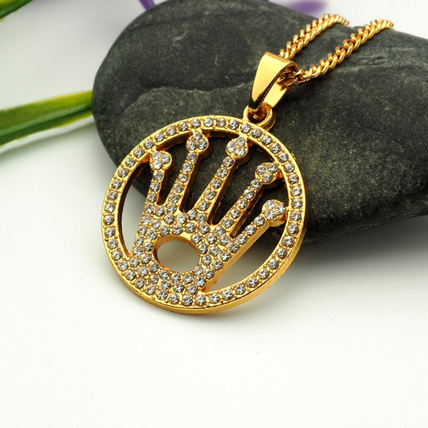 crystal crown round pendant necklace hip hop gold plated necklaces with chain jewelry for men or women item number hps039