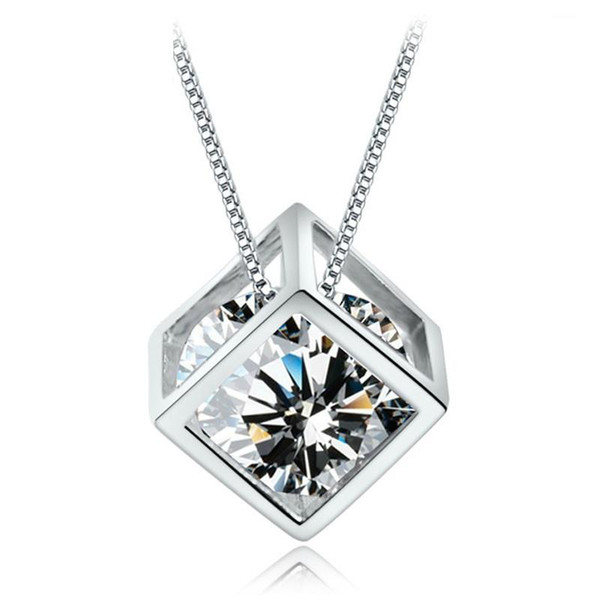 925 sterling silver items crystal jewelry square cube diamond pendant statement necklaces wedding vintage woman fashion