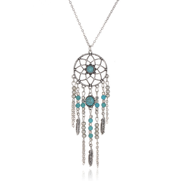 Dreamcatcher Leaf Wing Charms Necklace Turquoise Beads Tassel Pendant Boho Necklace Ethnic Bohemia Jewelry Statement Long Necklace