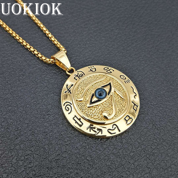 Egyptian The Eye of Horus Pendant Necklace For Women/Men Gold Color Stainless Steel Evil Eyes Necklace Egypt Round Jewelry