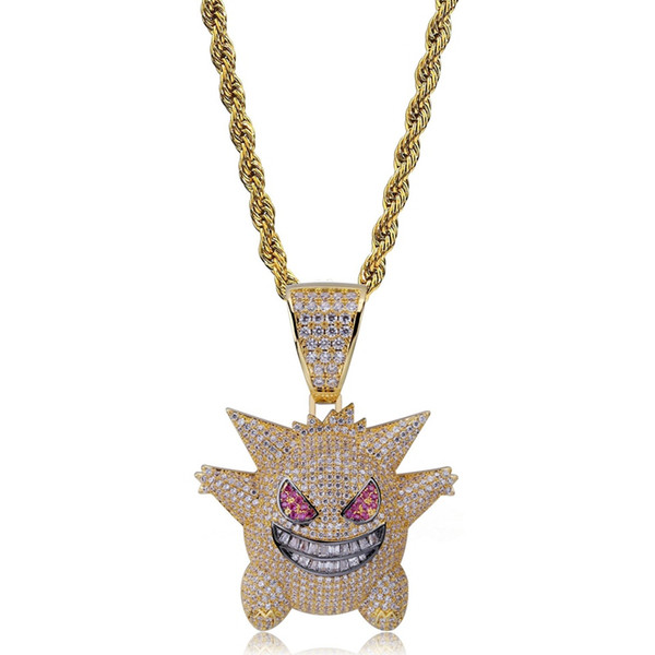 Full Rhinestone Gengar Pendant Necklace Creative Hip Hop Bling Bling Ice Out Jewelry With Free 24 Inch Chain For Men Gift