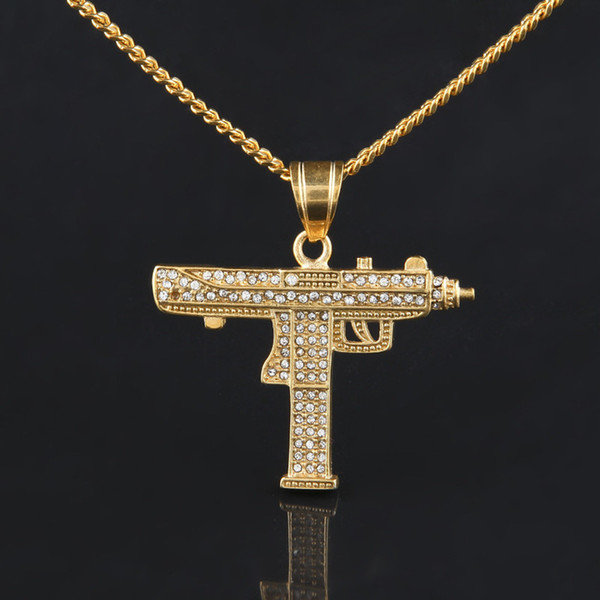 Fashion Gold Color Uzi Gun Pendant Necklace Men Alloy Full Rhinestone Bling Submachine Gun 24inch Long Cuban Link Chain Wedding Jewelry