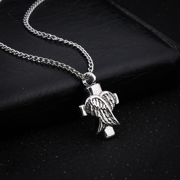 Angle Wings Cross Cremation Jewelry Silver Cremation Urn Necklace Pendant Memorial Keepsake Necklace Locket Jewelry