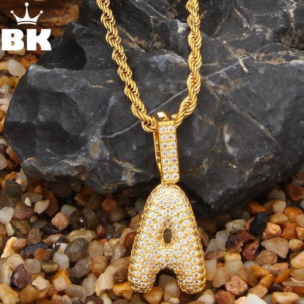 THE BLING KING Small Size Bubble Initial Letter Pendant Iced Out AAA CZ Custom Charm Necklace Cubic Zirconia With Rope Chain