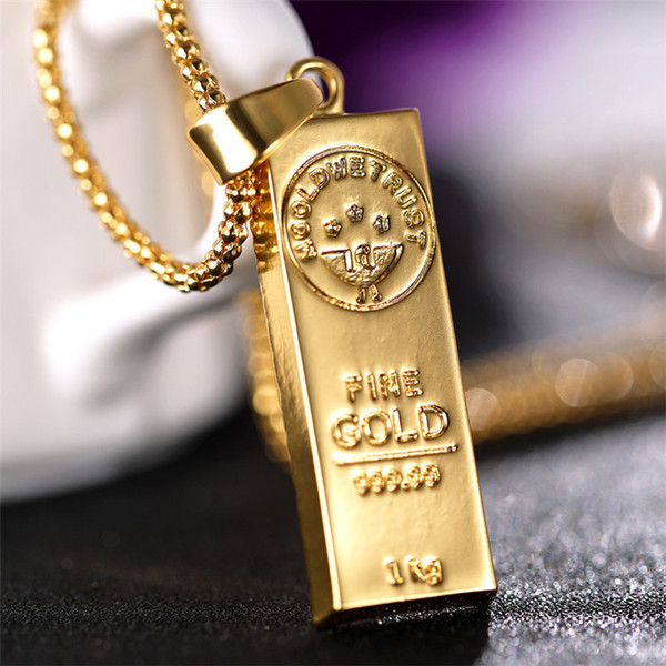 Stainless Steel Necklace Iced Out Golden Bar shape Pendant Round Box Chain Fortune Charm Necklace Hip Hop Mens Christmas Gift