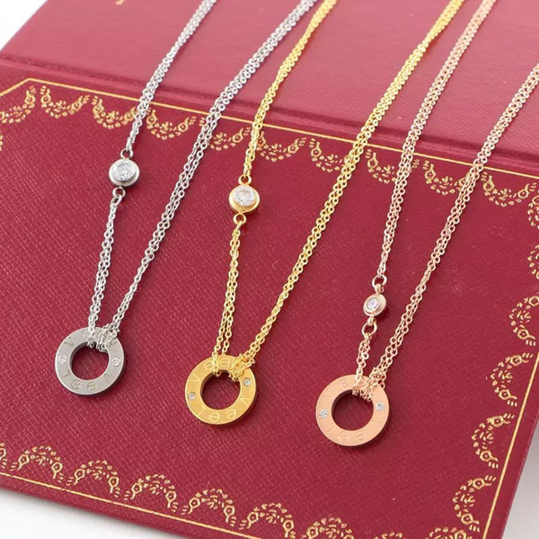 LOVE Circle Necklace with CZ diamond Pendant Rose Gold Silver Color Necklace for Women Vintage Collar Costume Jewelry with original box set