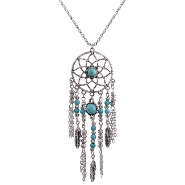 Fashion Dream Catcher Sweater Necklaces Woman Vintage Bohemia Feather Long Chain Lady Tassel Dream Catcher Pendants TTA665