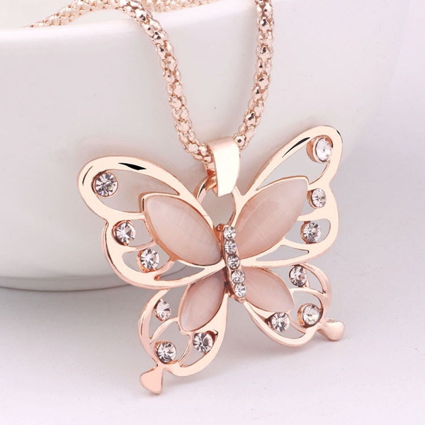 Hot Korean 18K rose gold plated Sweater Chain Pendant Necklace Lucky Crystal Butterfly Long chain Necklace Animal Pendant Necklace Jewelry