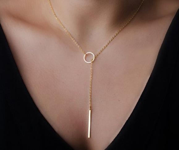 Women Fashion jewelry simple metal ring short necklace wholesale, gold plated necklace pendant chain 2pcs/lot drop shipping