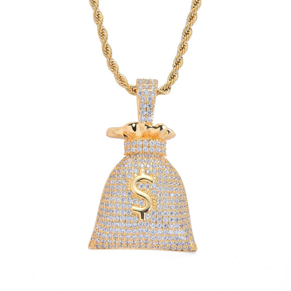 New Hip Hop Bling Bling Iced Out Quavo Choker Money Bag Rich Pendant Necklace Fashion Jewelry Gift with Box for Rappers