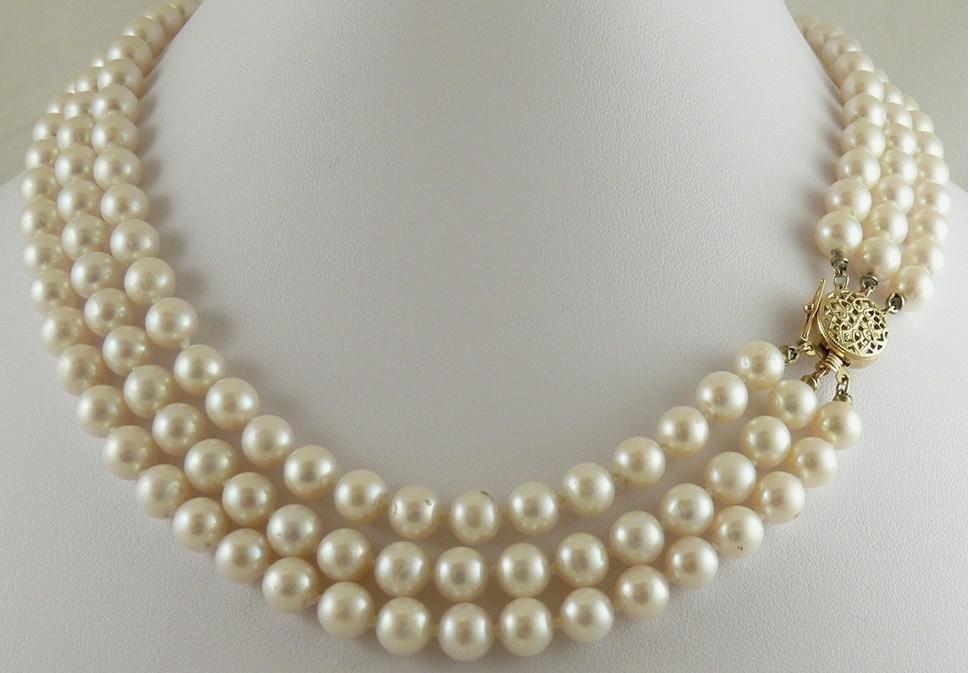 New Fine Pearl Jewelry Genuine White Tripple Strand 7.5mm to 8.5mm Pearls Necklace 14KY