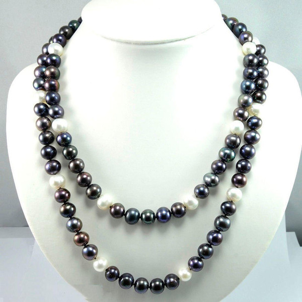 Fine Pearls JewelryBeautiful Hot 9-10mm south sea black white Natural pearl necklace 36