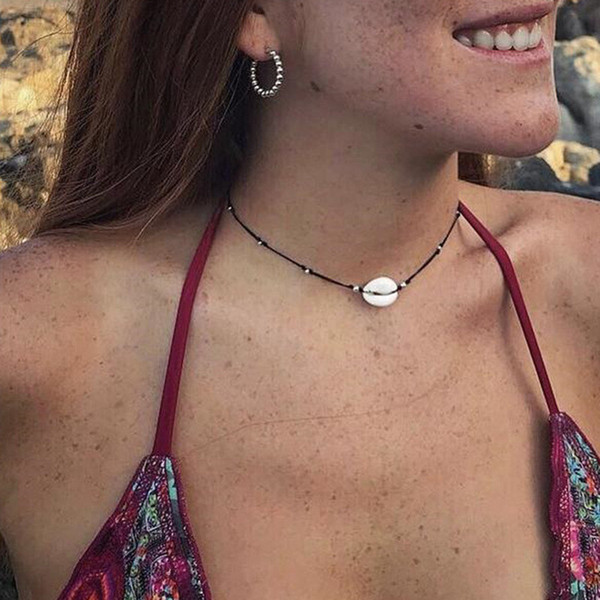 Necklace New Bohemian Beach Jewelry Simple Bl ack Rope Woven Silver Beads Pulled Shell Clavicle Choker Necklace bijoux femme