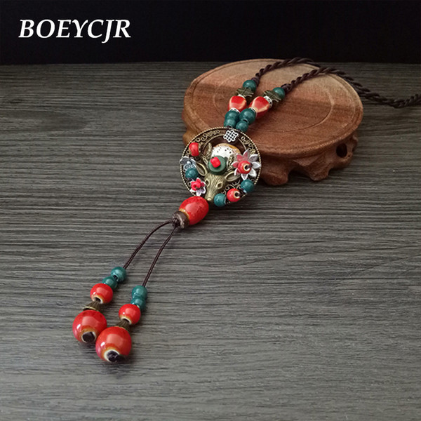 Christmas Elk Flower Ceramic Beads Tassel Necklace Chain Handmade Ethnic Adjustable Long Pendant Necklace for Women 2018