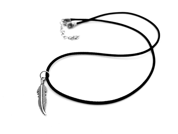 12p-small Angel Wings Long Feather Necklace Nature Pot Leaf Vine Necklace Plant Olive Tree Fallen Leaf Leather Rope Ancient silver Necklaces