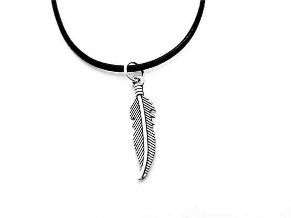 Npc-small Angel Wings Long Feather Necklace Nature Pot Leaf Vine Necklace Plant Olive Tree Fallen Leaf Leather Rope Ancient silver Necklaces