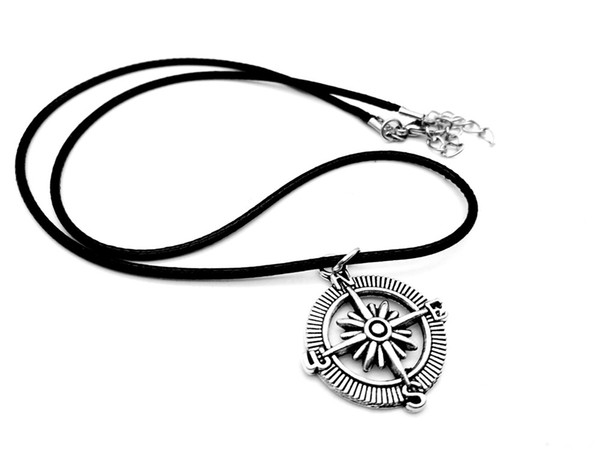 12pc-Antique Silver Small Compass Necklace Round Geometry Disc Necklace Retro Compass Direction Nautical Lucky Necklace Leather Jewelry