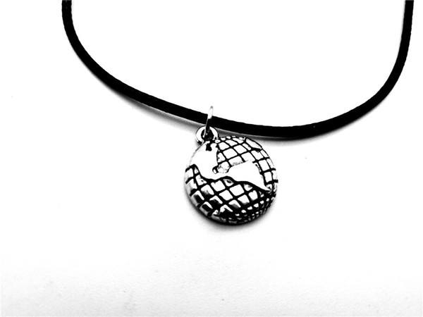 NPC-Antique Silver World Map Peace Necklace Travel Global Planet Earth Leather Rope Necklace Outline Global Geography Necklace Gift