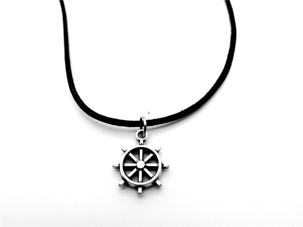 NPC-Vintage Antique Rudder necklace Nautical Navy Seaman Sailor Boat Anchor Rudder Necklace Car Steering Wheel Leather Rope Necklaces