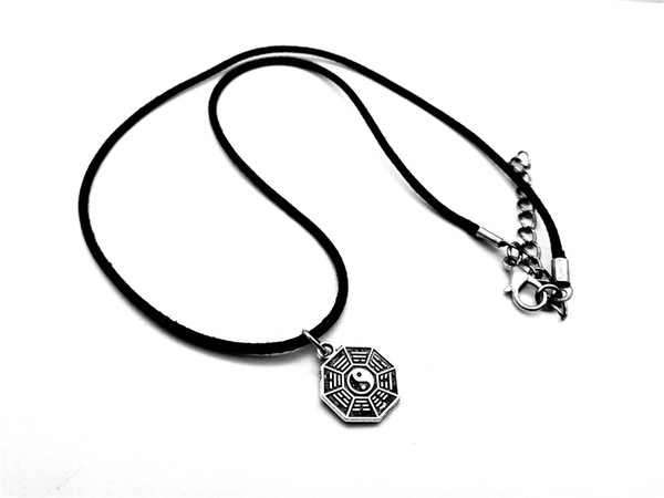 12P-Antique silver Simple Taiji Bagua Map Feng Shui Pendant Necklace Chinese Style Fantastic Ying Yang Tai Chi Gossip Leather Rope Necklaces