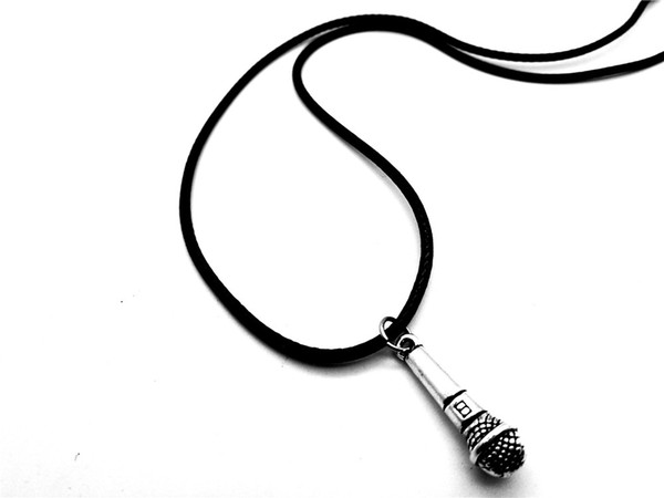 12pc-Retro Music KTV Wireless Microphone charm Pendant Necklace Round Singing Necklace Hip Hop Rap Singer DJ Nightclub Leather Rope Necklace