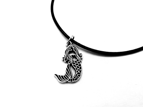 Npc-Antique Silver Little Mermaid Necklace Fishtail Sea Life Animal Necklace Fishtail Silhouette Leather Necklace Beach Ocean Fairy Party