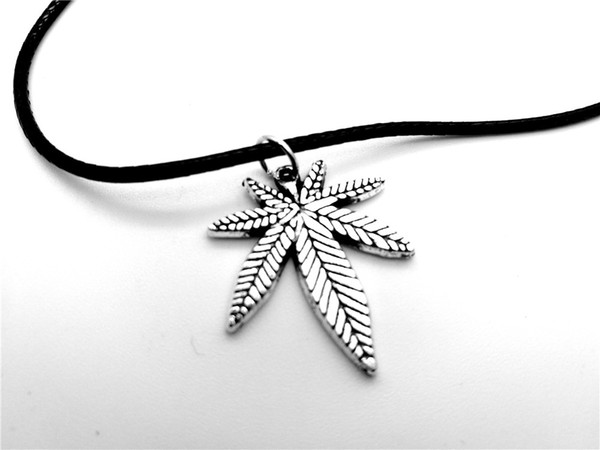 NPC-Antique Silver Maple Leaf Necklace Small Leaves Leaf Necklace African Vintage Green Plant Tree Grass Leaf Leather Rope Necklace