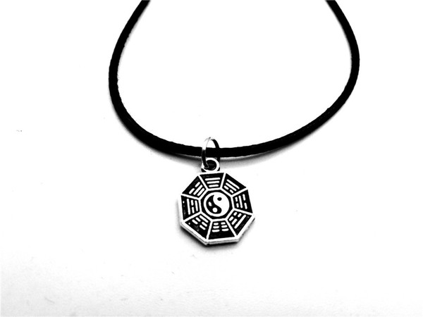 NPC-Antique silver Simple Taiji Bagua Map Feng Shui Pendant Necklace Chinese Style Fantastic Ying Yang Tai Chi Gossip Leather Rope Necklaces