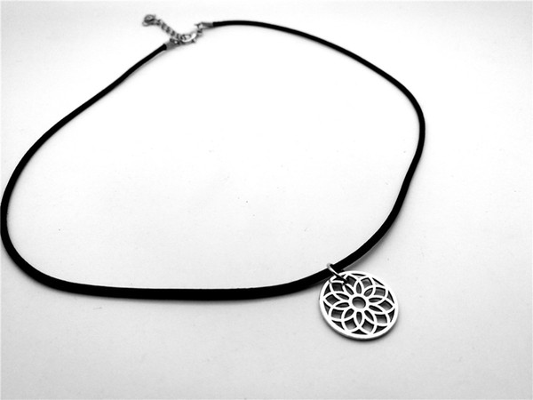 12pc-Antique Silver Small Flower charm Necklace Simple Openwork Rose Sun Flower Petal Sunflower Lotus Necklace Plant Flower Leather Necklace