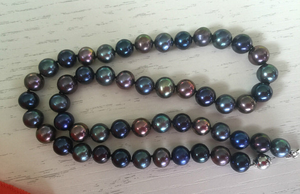 New Fine huge Pearls Jewelry stunning9-10mm tahitian multicolor black green red pearl necklace 19inch 925 silver