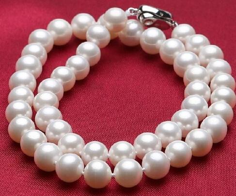 New Fine Pearls Jewelry 9-10mm nearly flawless white circle of natural seawater pearl necklace 18inch most suitable gifts