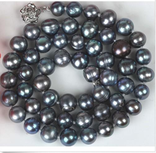 New Fine huge Pearls Jewelry Wholesale 9-10mm Black Pearl Necklace 19inches 925silver