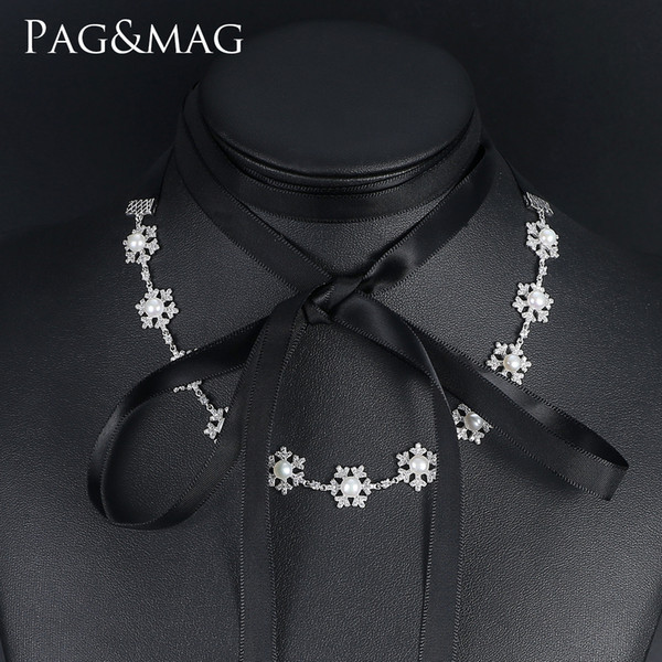 PAG&MAG Brand New Hot Sale Bohemia Style Black or Cream-colored Ribbon Natural Pearl Necklaces For Girls Gift Jewelry