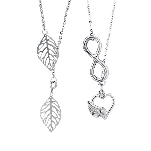 Multilayer Silver Choker Necklace Stainless Steel Heart Wing and Infinity Pendant Two Leaf Jewelry Gift for Women