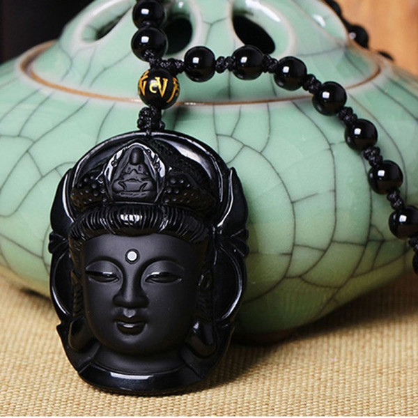 New Arrival Black Stone Obsidian Buddha Pendant Necklace Lucky Amulet Beaded Chain Necklace For Woman Men