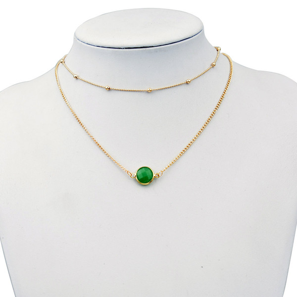 Europe and the United States necklace Crystal Double Layer Gold Color Choker Necklace Green/Pink Round Opal Stone Pendants Necklaces Simple