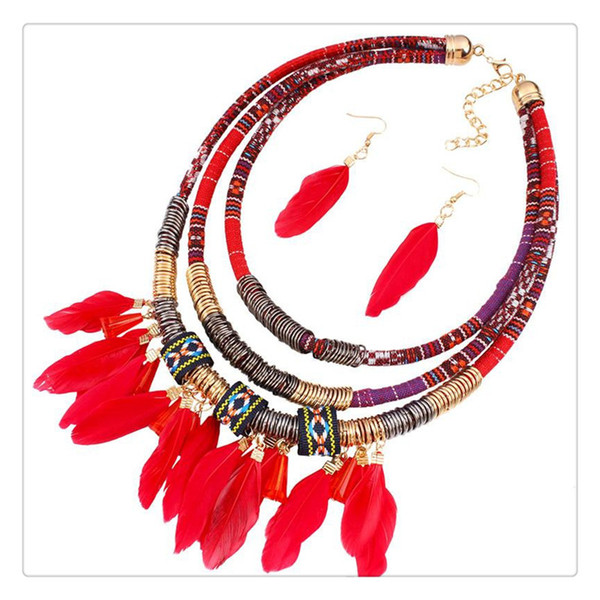 Feather Pendant Multi Layers Tribal Bib Necklace Statement Earring Jewelry Set Fashion Luxury Bohemia Style NecklaceMulti Layers Tribal Bib