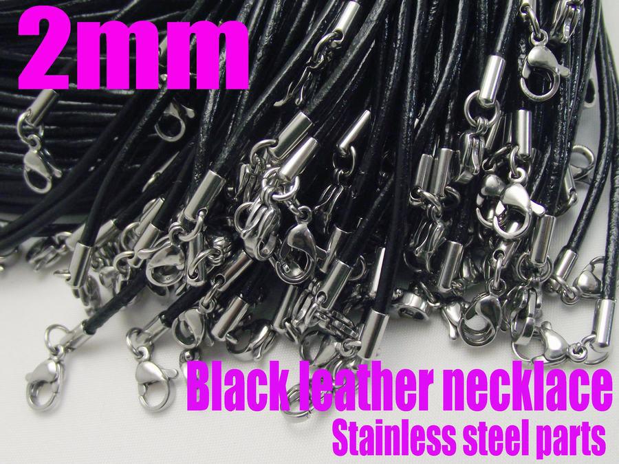 2MM stainless steel Lobster Clasp+black real leather necklace 316L chain string Fashion jewelry 50pcs lot punk men women's necklaces 50-90cm