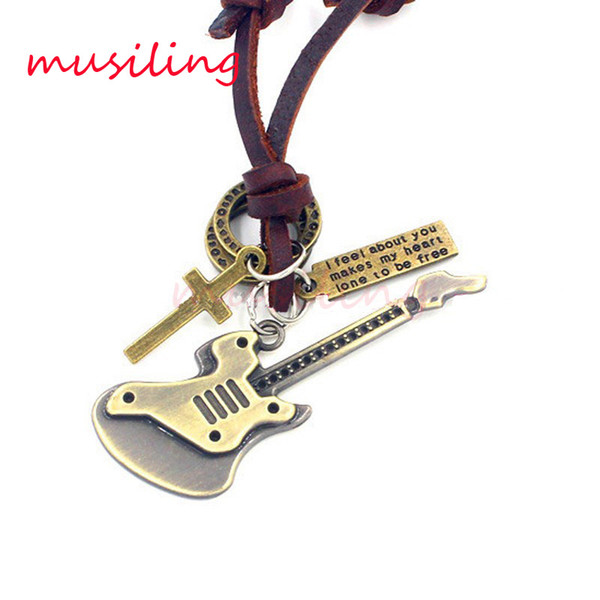 Leather Necklace Metal Pendant Guitar Adjustable Charms Male Punk Rock Hip hop Jewelry Decorations Amulet Fashion Mens Jewelry