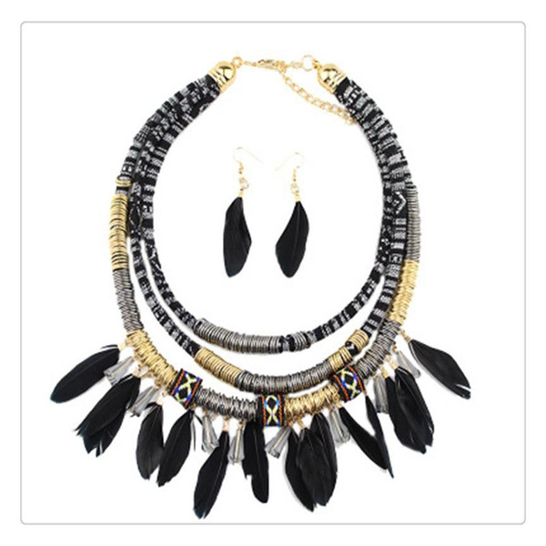 Feather Pendant Multi Layers Tribal Bib Necklace Statement Earring Jewelry Set Fashion Luxury Bohemia Style Necklace