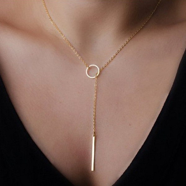 Romantic Women Accessories Hot Fashion Plated Metal Chain Bar Circle Lariat Necklace Long Strip Pendant Necklaces Jewelry