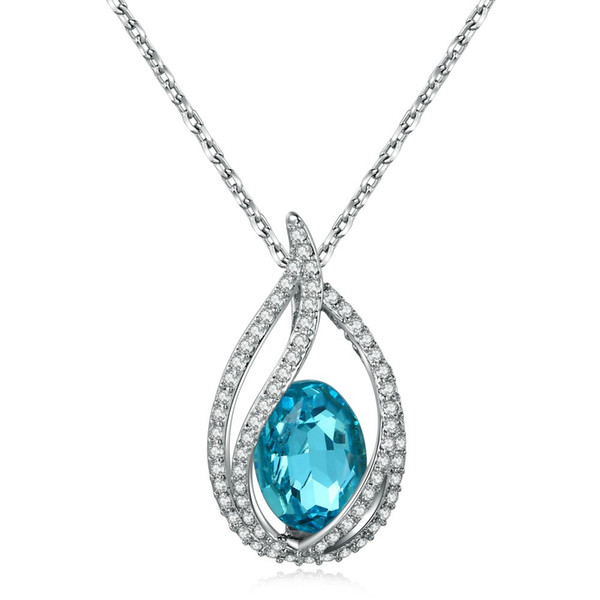 Double Fair Unique Cubic Zirconia Big Blue Crystal Necklace & Pendants Silver Color Elegant Wedding Jewelry For Women DFN292