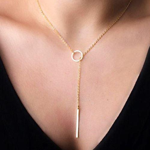 Romantic Women Accessories Hot Fashion Gold Plated Metal Chain Bar Circle Lariat Necklace Long Strip Pendant Necklaces Jewelry EH093