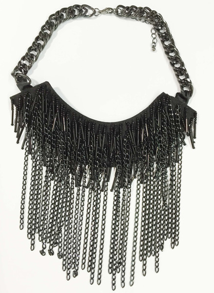 Large aldo chain statement necklace Black chain sead beads Swag Statement Necklace black fabric hand sewing beads tassel necklace prebeauty