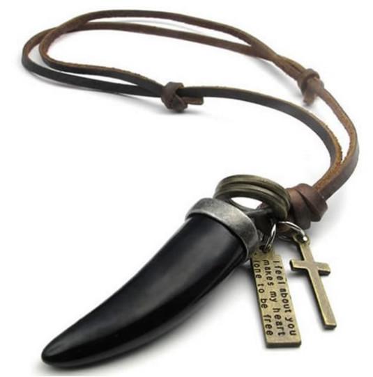 Vintage Wolf Tooth Cross Pendant Leather Cord Mens Necklace Chain Black Gold Brown Drop Shipping