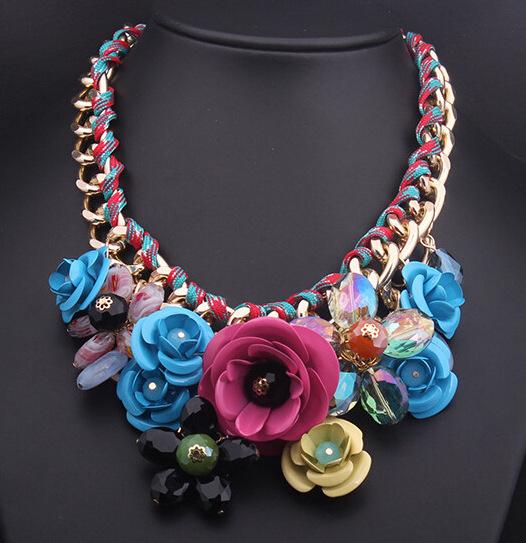 Coloured flower jewel pendant cotton rope knitted red carpet Necklace short clavicle chain