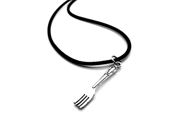 NPC-Retro Small spoon fork necklace antique silver fork necklace simple kitchen tool instrument charm pendant leather rope necklace