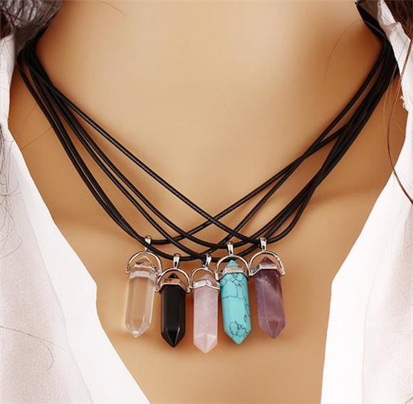 2016 Natural Stone Turquoise Pendant Necklace Handmade Men Women Couples Leather Rope Chain Necklaces European Trendy H308