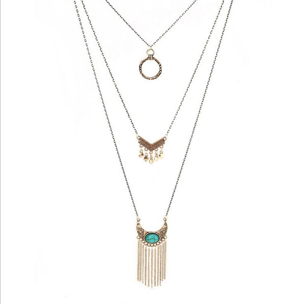 2018 New Fashion Simple Hot Bohemian Vintage Multilayer Turquoise Necklace Personality Fringed National Fashion Long Necklace